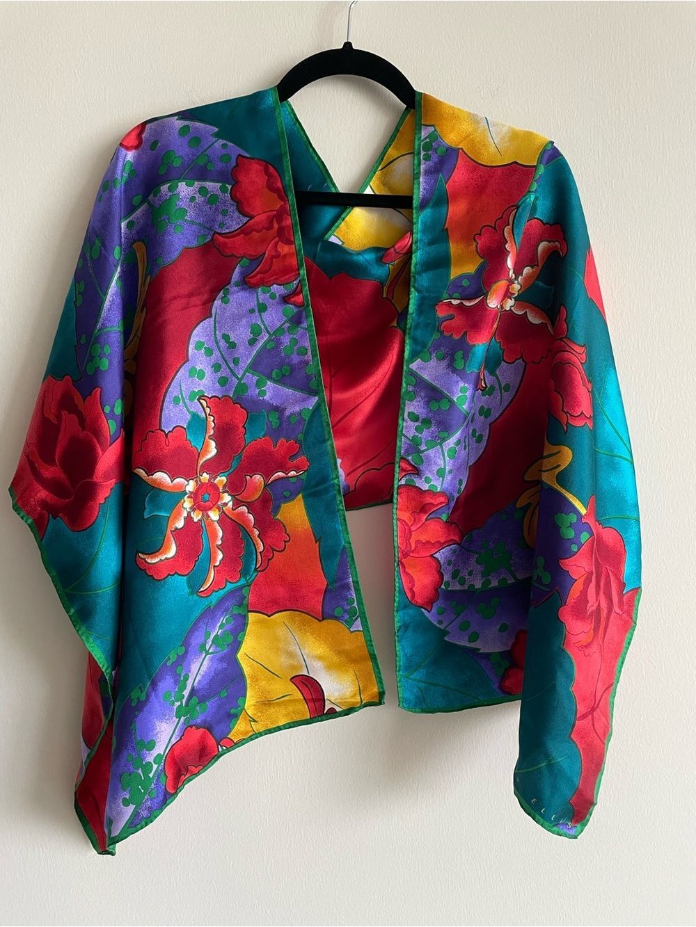 Vintage Perry Ellis extra long silk scarf wrap flowers floral abstract leaves